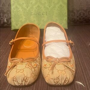 Gucci Beige Monogram Mary Jane Flats with Gold Hardware